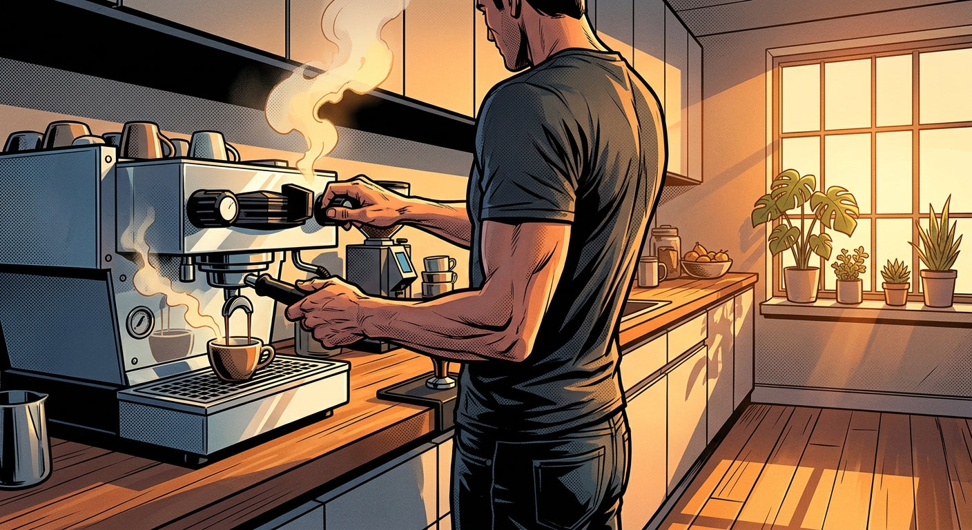 Man pulling an espresso shot at home in golden hour light