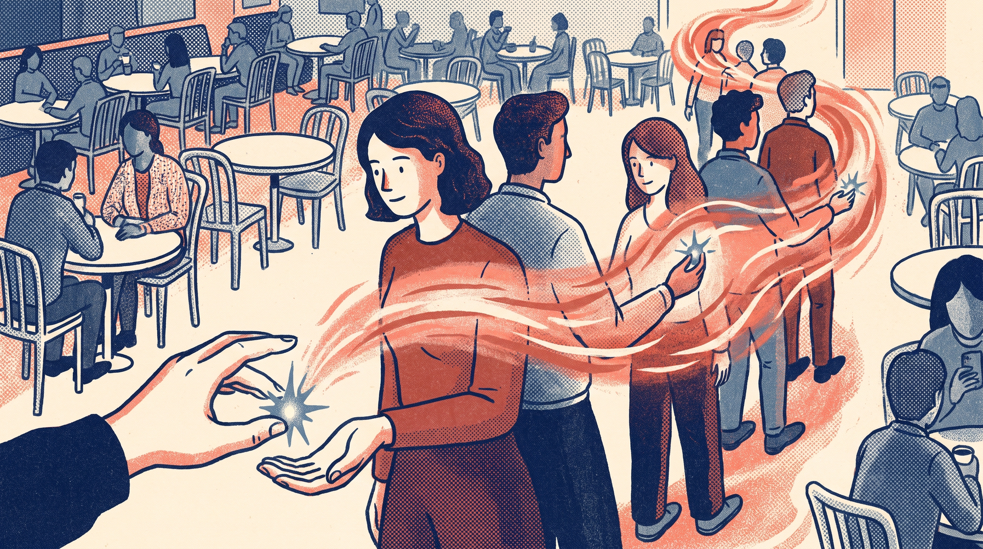 A glowing spark passed hand to hand along a chain of people across a cafe, multiplying into a warm wave