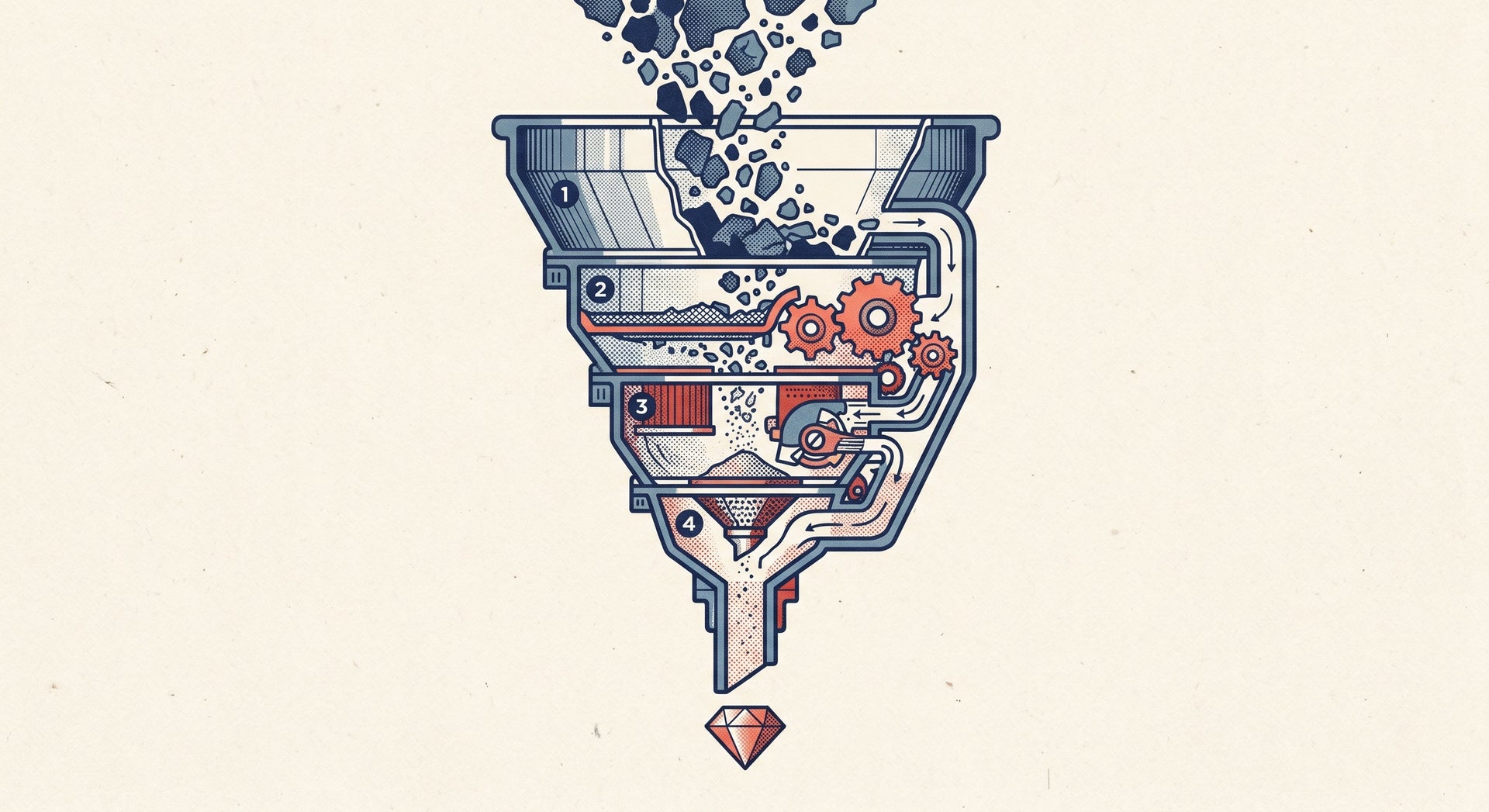 A cross-section of a funnel showing layers of filtration from chaos to clarity
