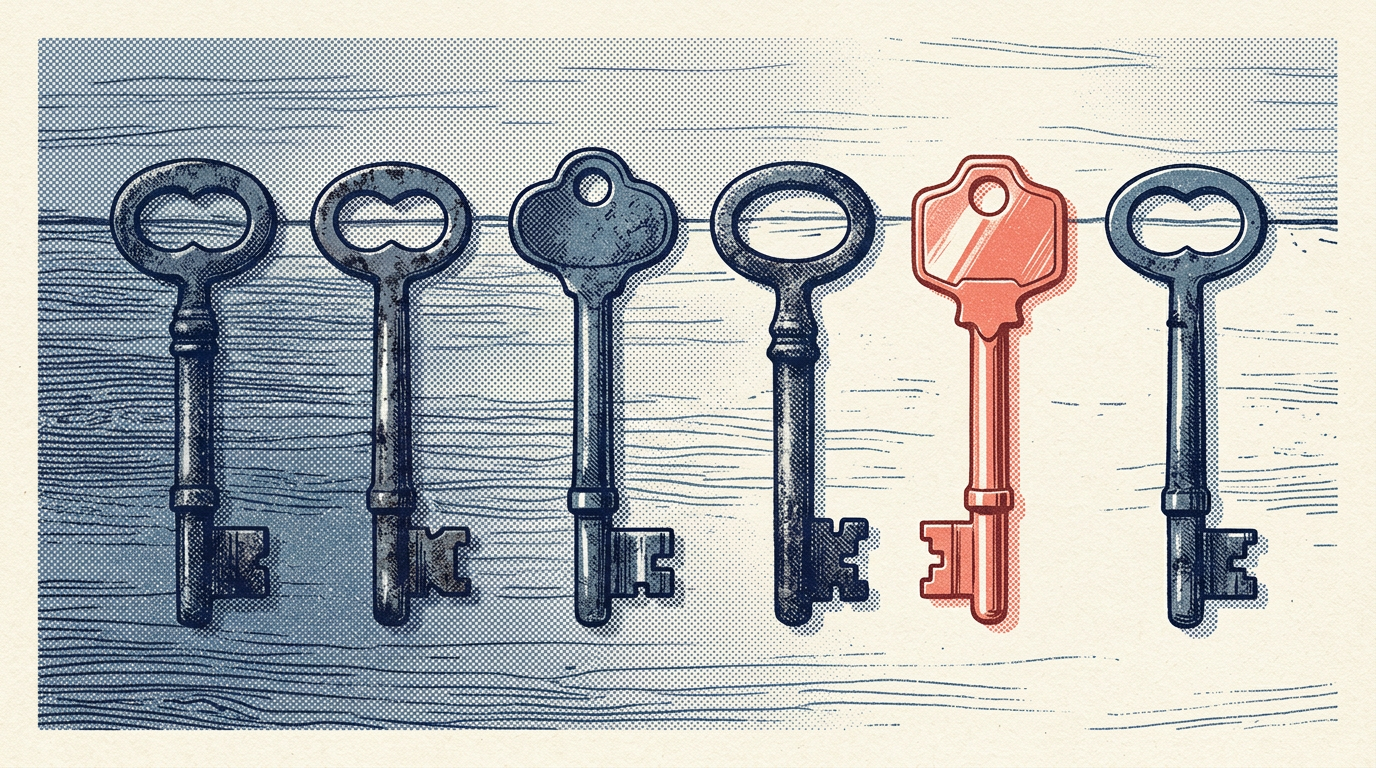 Six antique keys laid in a row on weathered wood, one polished bright from constant use and five left untouched