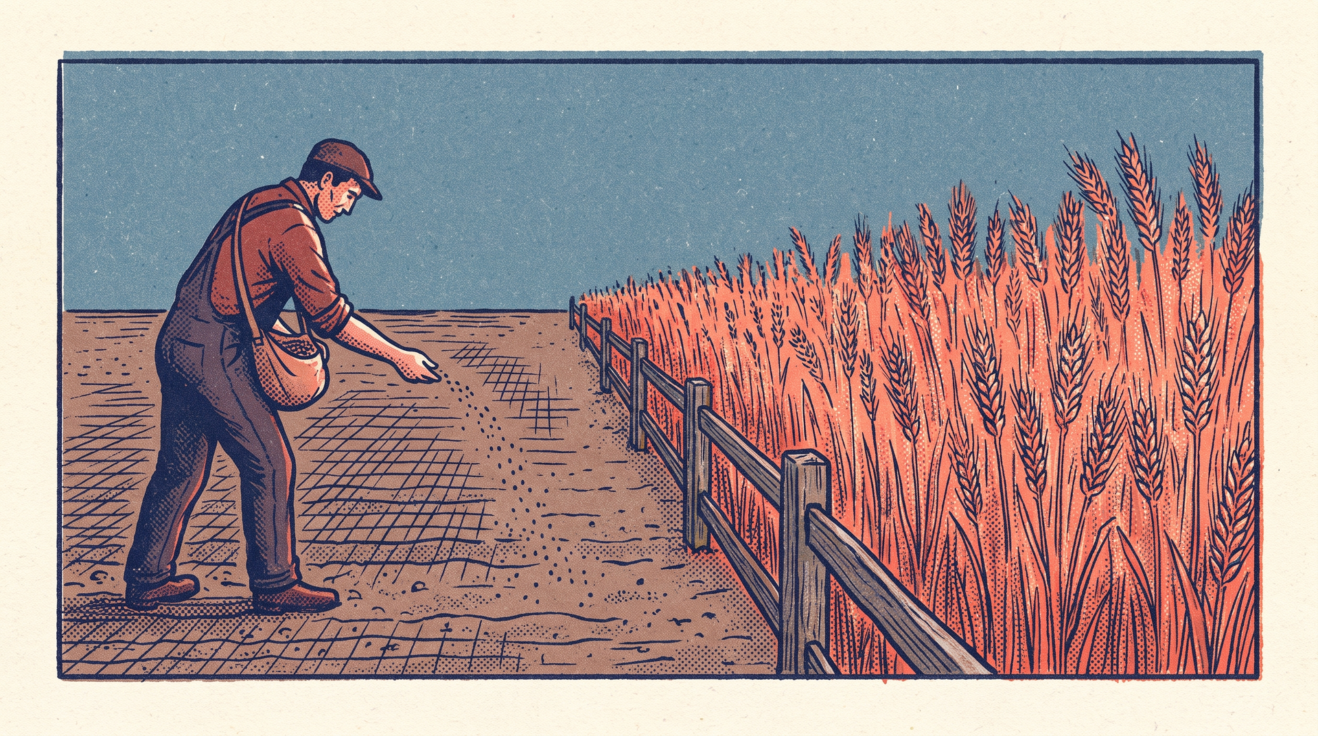 A farmer sowing seeds in a bare field beside a field in full golden harvest