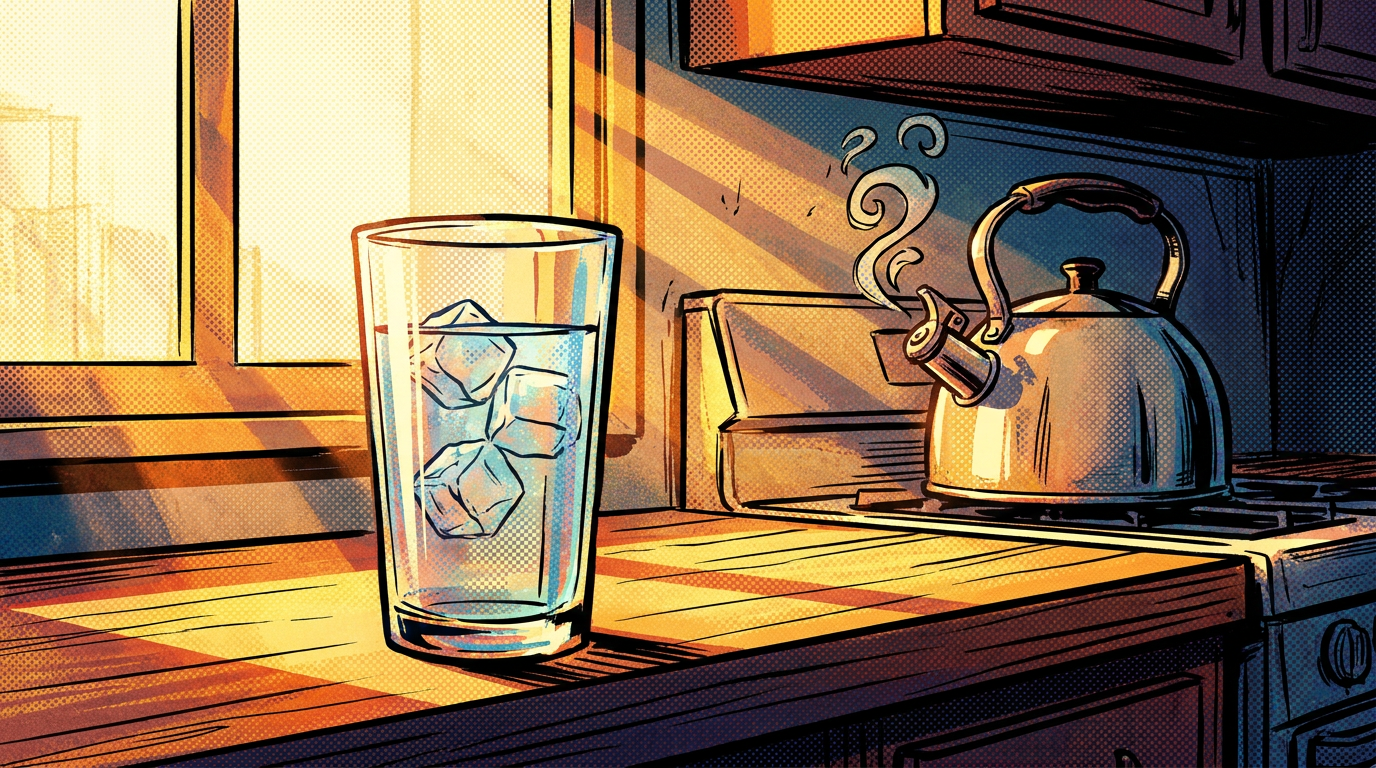 A glass of water and a stovetop kettle on a sunlit kitchen bench in the morning