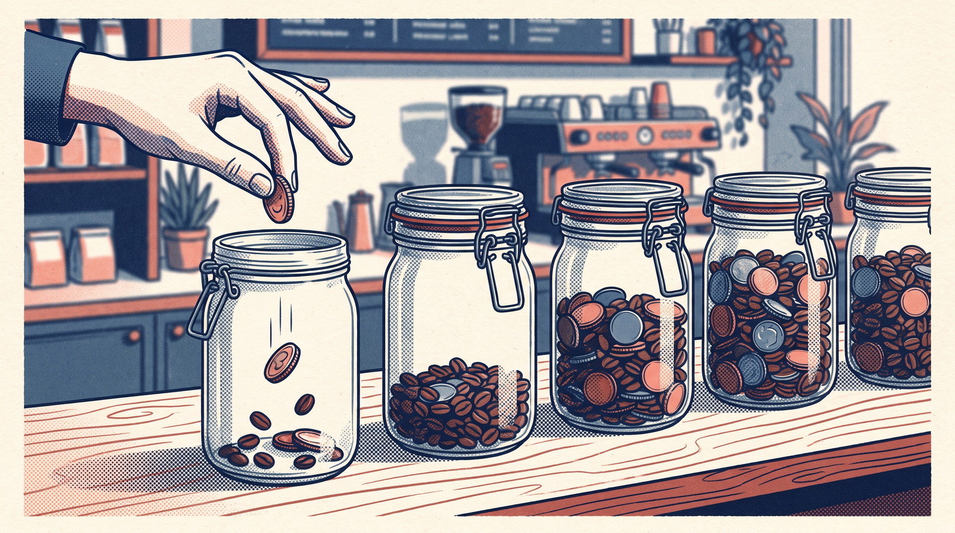 Five glass jars on a cafe counter, a hand dropping the first coin into the front jar before the others