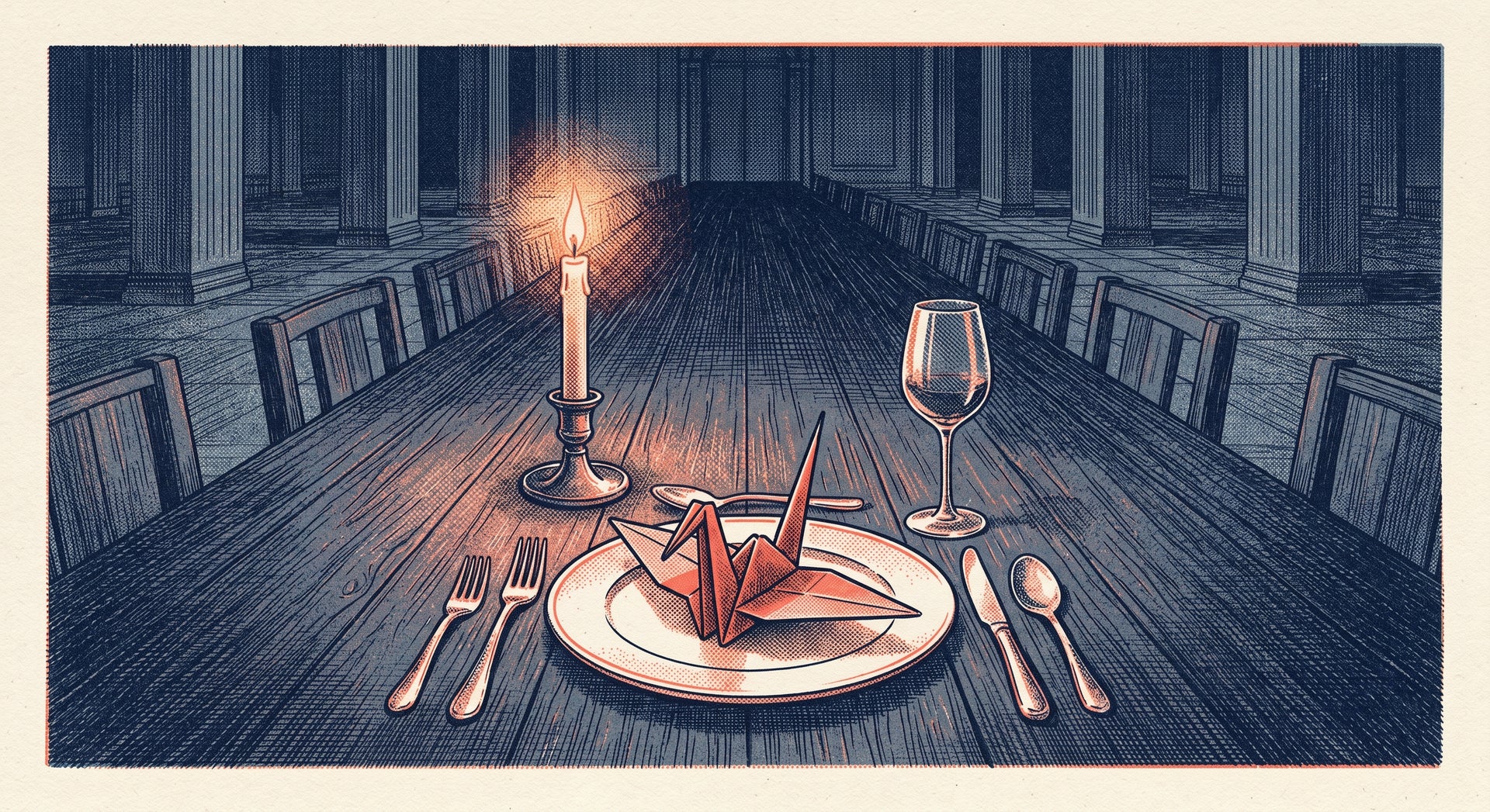 An elegant place setting on a long empty table with a napkin folded into a crane and warm candlelight