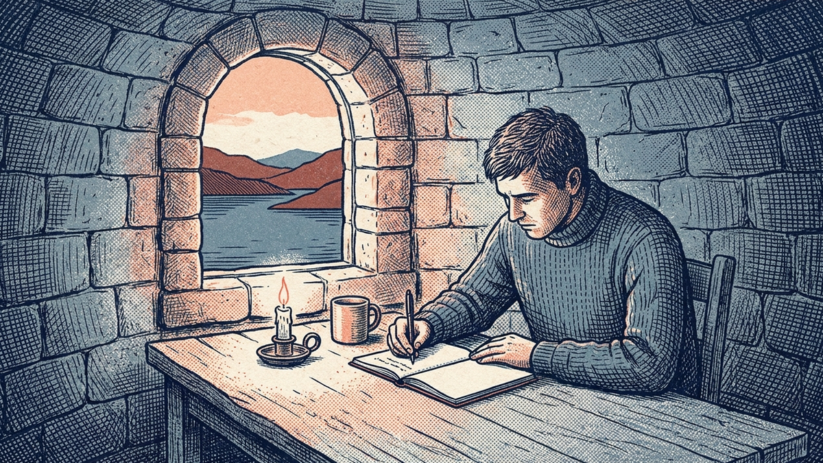Man in a wool jumper writing in a notebook at a wooden desk inside a stone tower room overlooking a lake