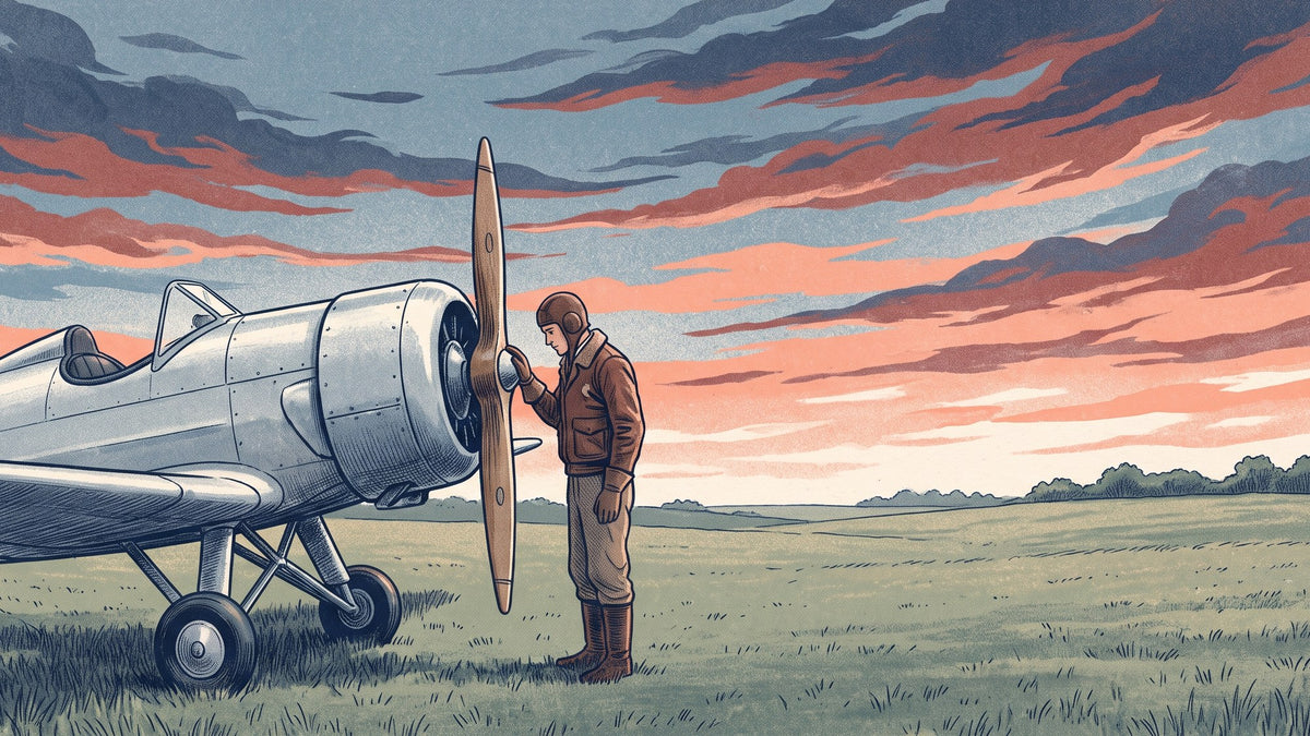 Pilot in a leather flying jacket checking the wooden propeller of a silver 1930s aircraft on a grass airfield at dawn