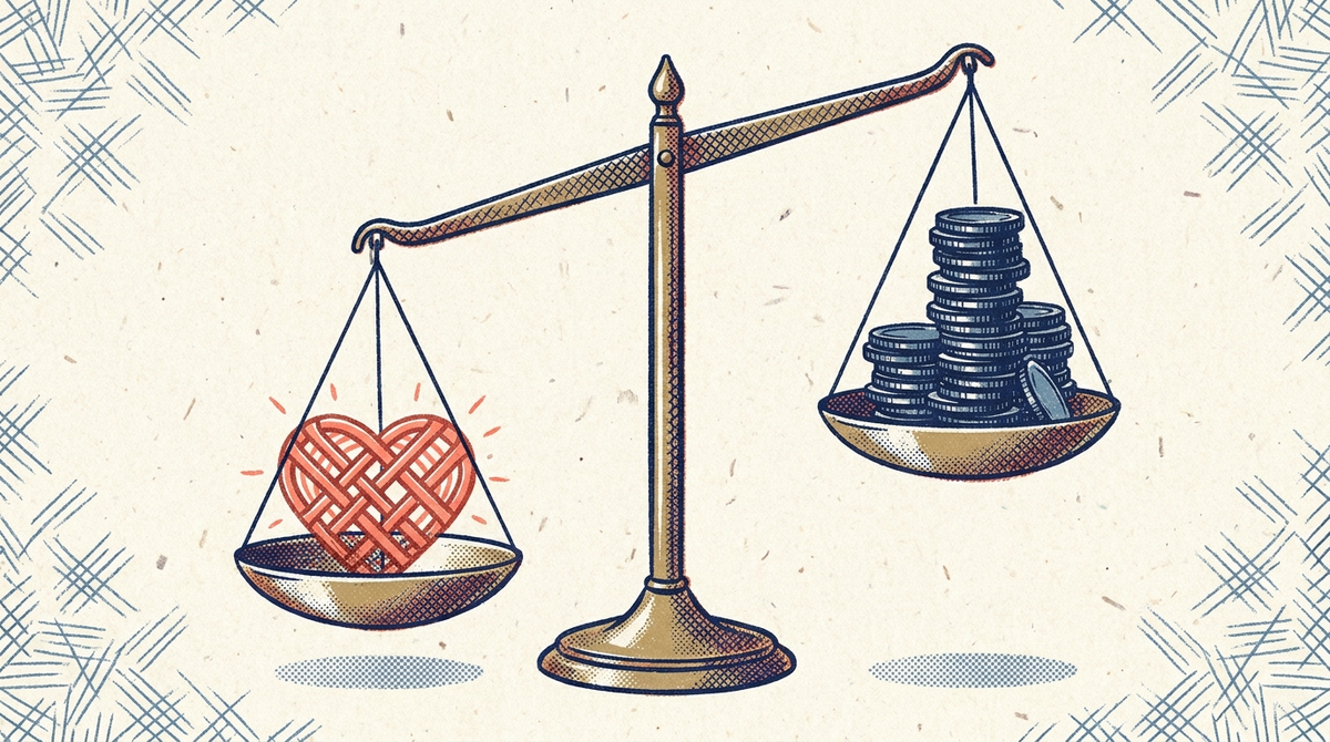 Risograph illustration of a brass balance scale where a woven heart outweighs a stack of coins