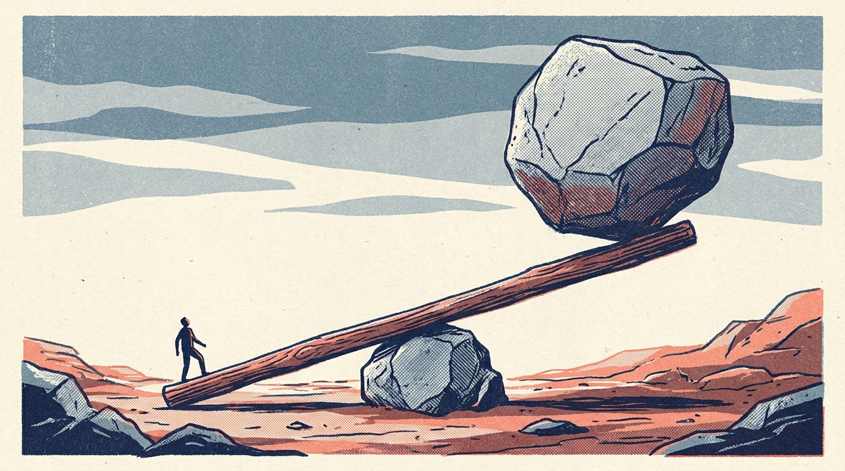 Small figure lifting a huge boulder with a long lever on a stone fulcrum