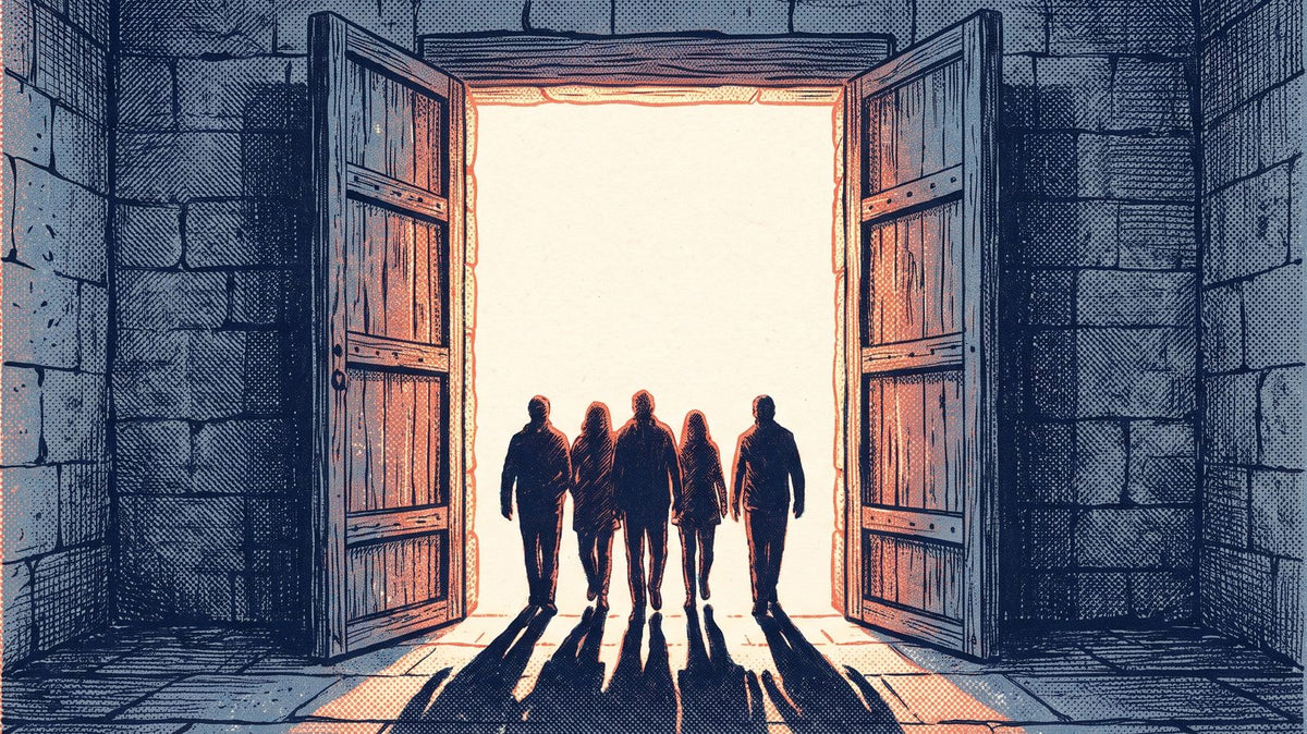 Five people walking side by side through tall open timber doors into bright light, long shadows on the stone floor