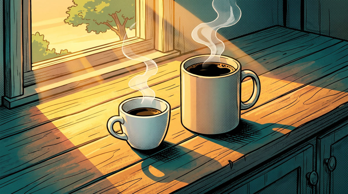 Small espresso cup and a tall mug of filter coffee side by side on a sunlit timber bench
