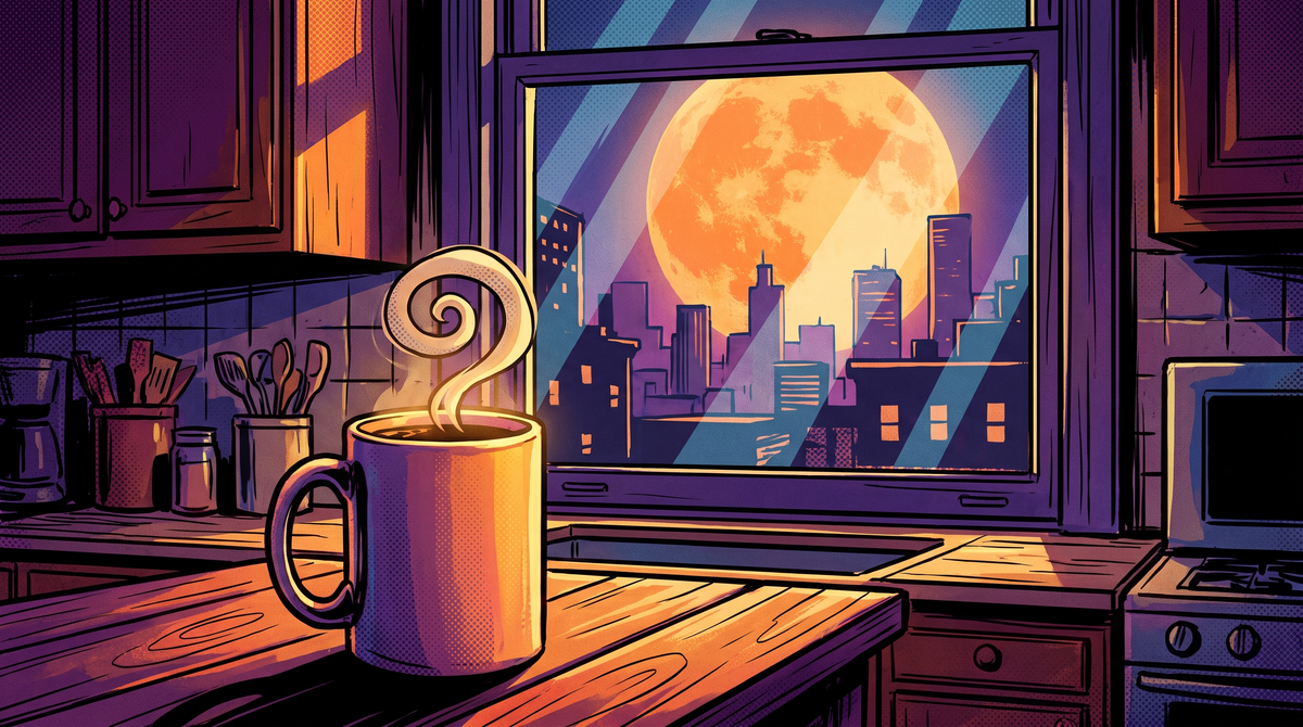 Comic illustration of a steaming coffee mug on a kitchen bench with a full moon outside the window
