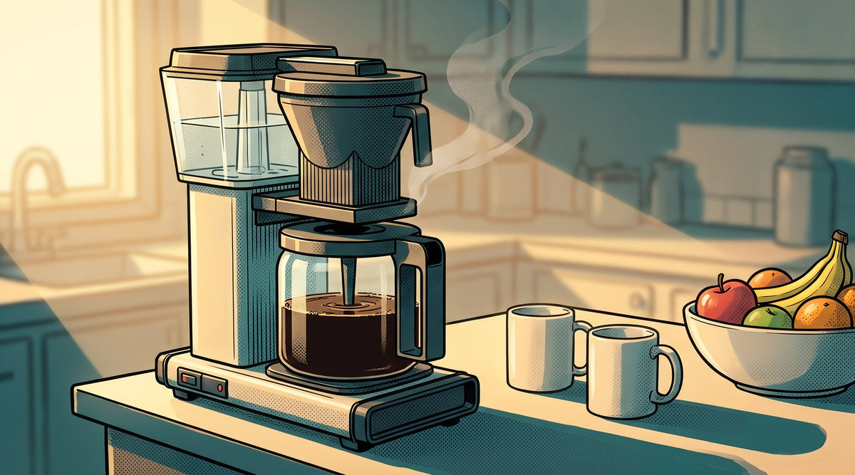 Drip filter machine brewing into a glass carafe on a sunny kitchen bench