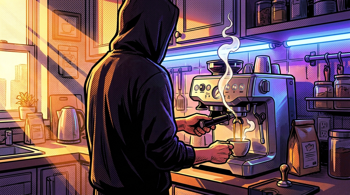 Person pulling an espresso shot at a home kitchen machine with honey-coloured stream flowing into cup