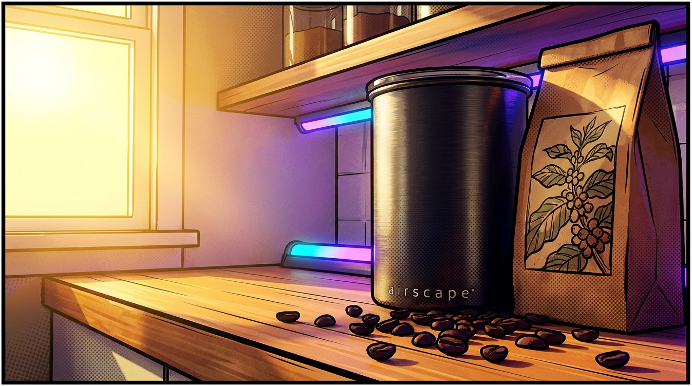 Airscape vacuum sealed coffee canister with coffee bag and beans on a kitchen counter