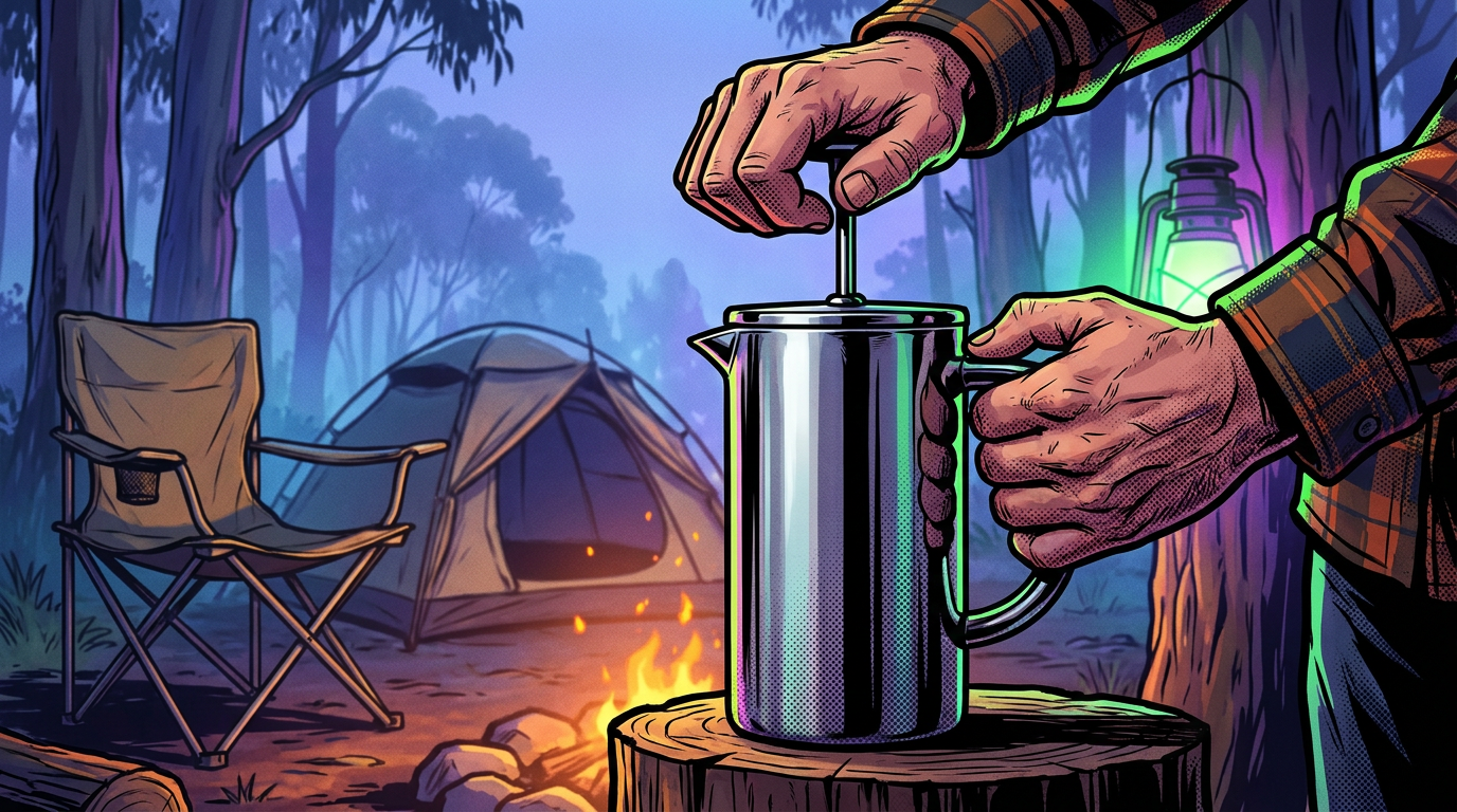 Bare hands pressing down a stainless steel french press at a campsite with campfire and eucalyptus trees