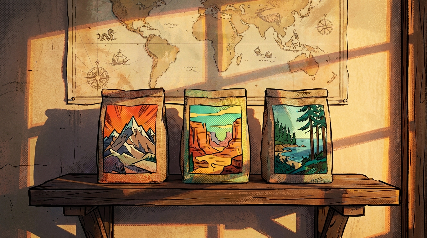 Three colourful coffee bags from different origins on a wooden shelf with world map behind
