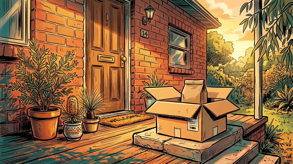 Illustration of a coffee subscription delivery box with a fresh bag of beans on a sunlit front doorstep
