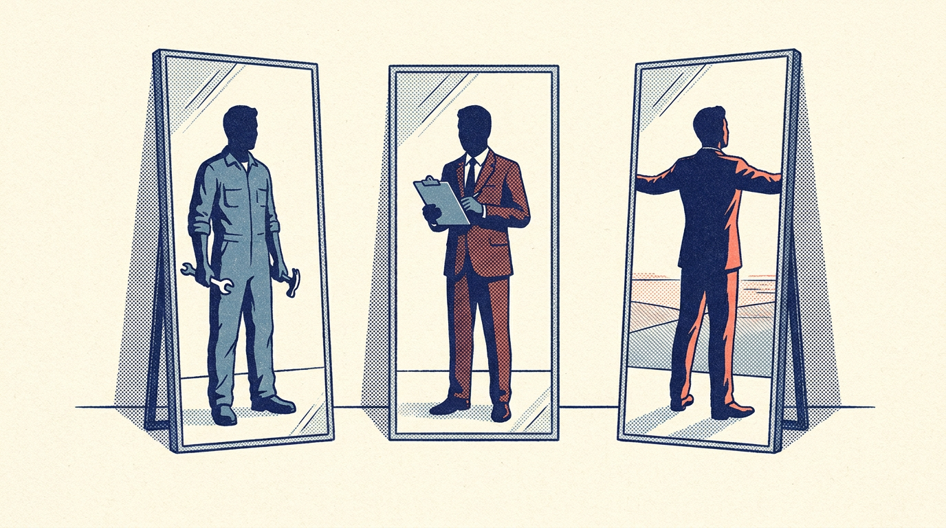 Three mirrors showing three selves - the technician, the manager, and the entrepreneur
