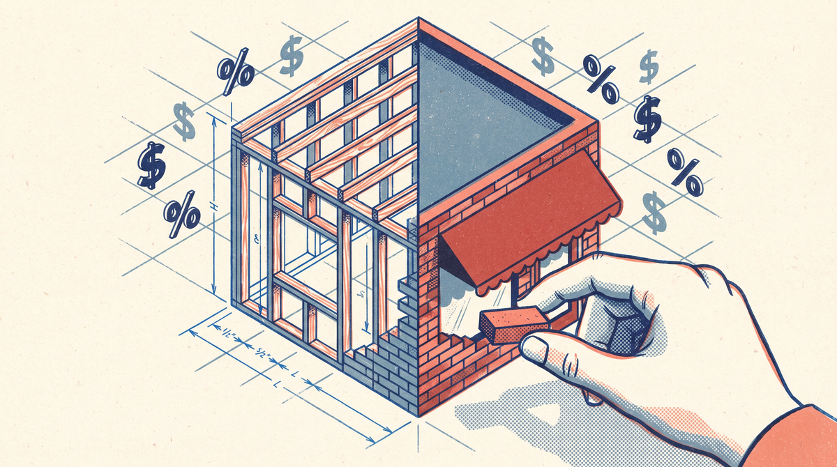 An isometric blueprint of a cafe being built brick by brick with dollar and percentage signs floating around it