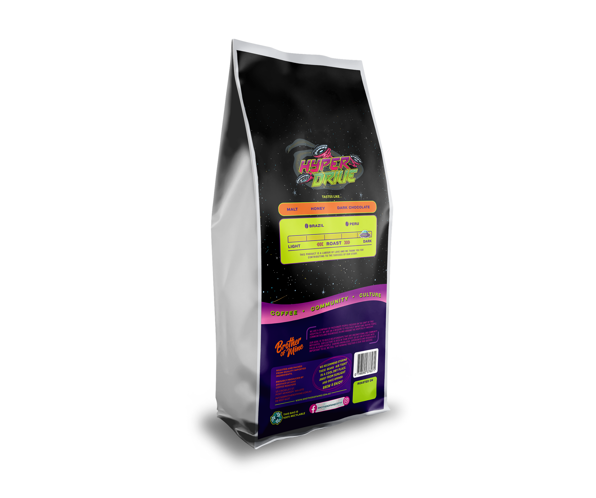 Hyperdrive 1kg coffee bag back with roast details