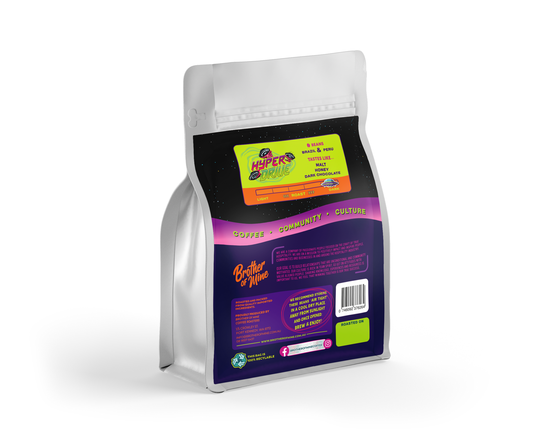 Hyperdrive 250g coffee bag back with roast details