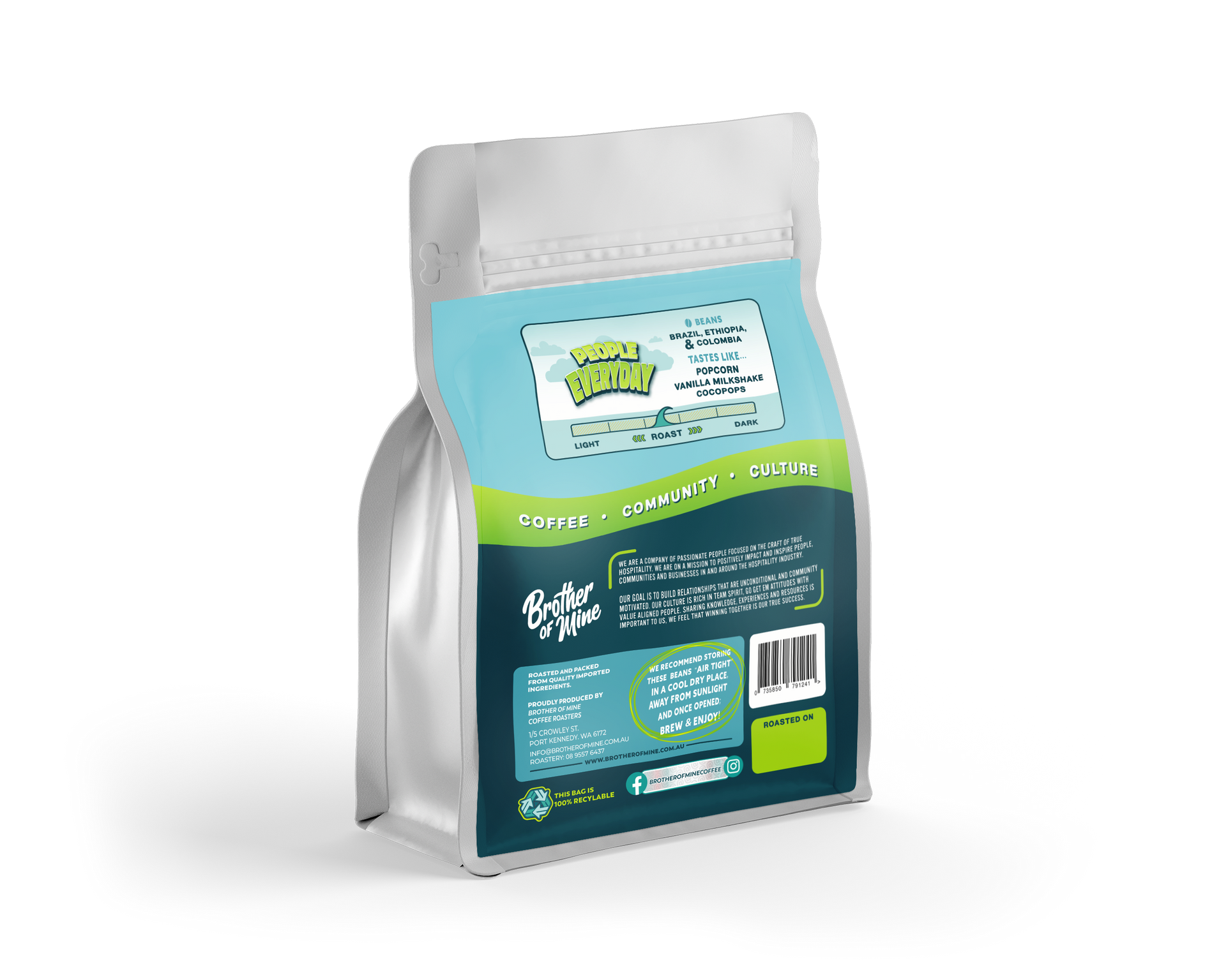 People Everyday 250g coffee bag back with roast details