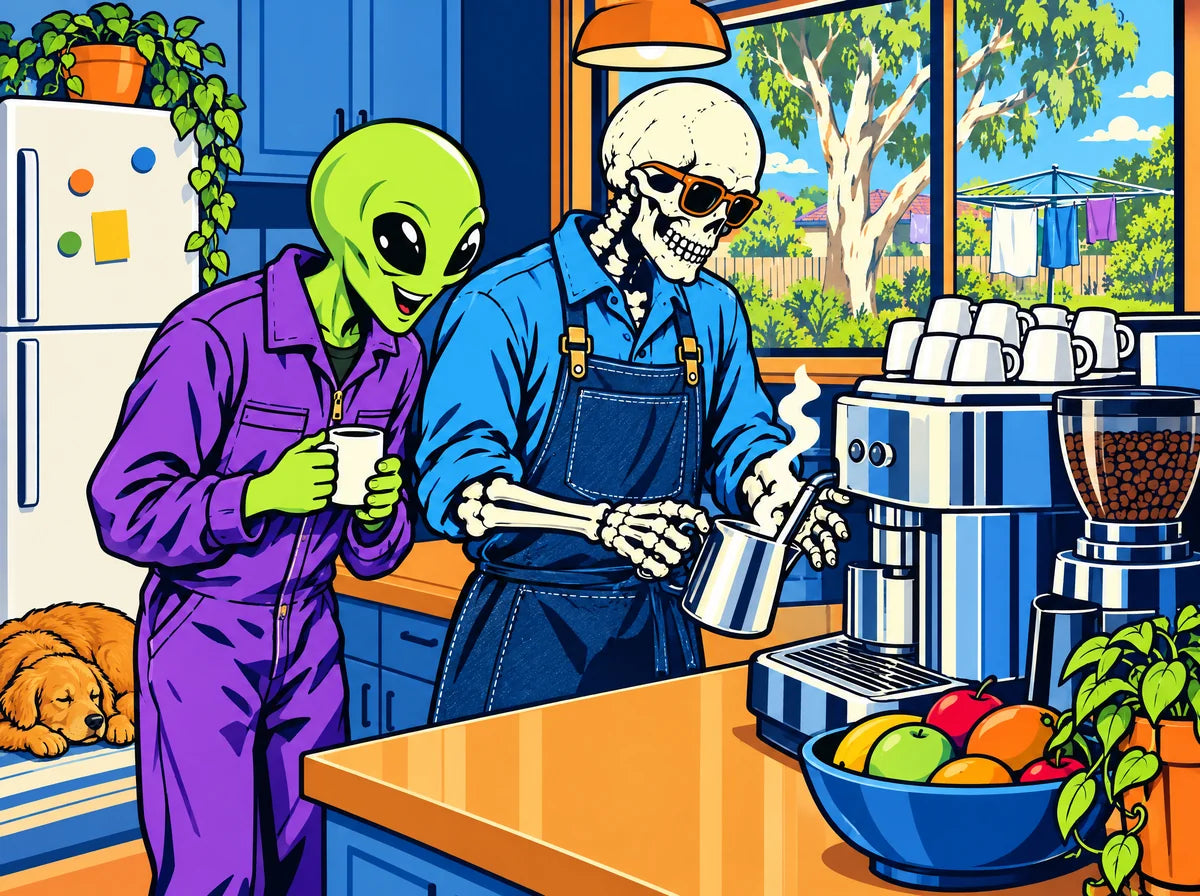 Illustration: the skeleton barista at a home kitchen bench, guiding a milk jug under the steam wand while the alien watches with a cup in hand and the dog sleeps on the floor