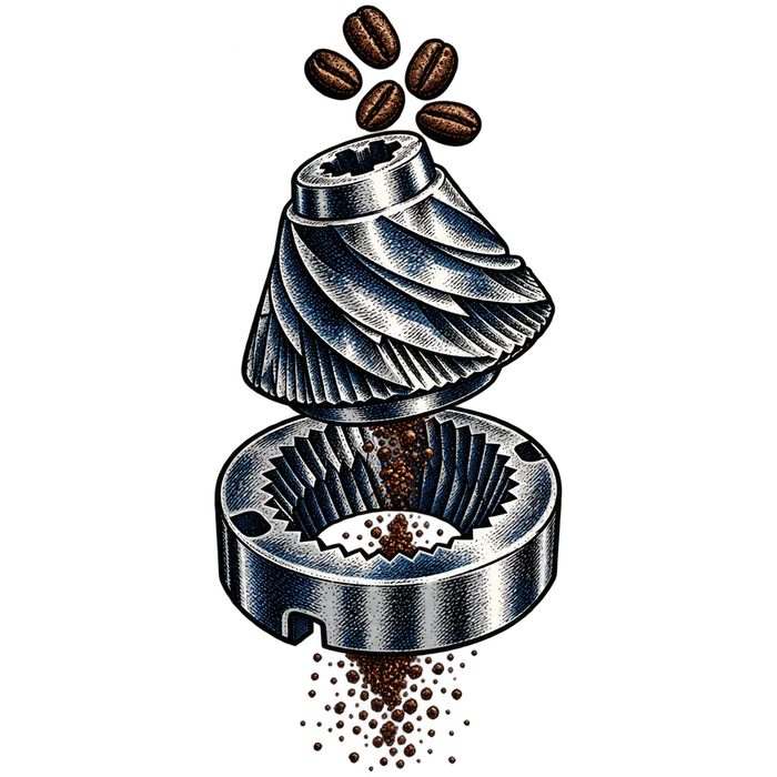 Illustration of a conical grinder burr set, a cone inside a ring