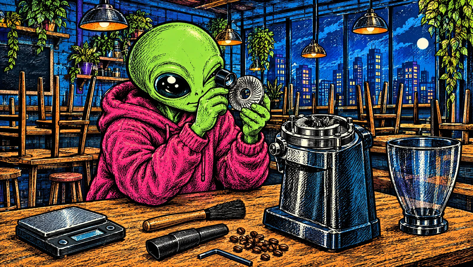Illustration: our alien barista checking a grinder burr's edge through a loupe at the bench after close