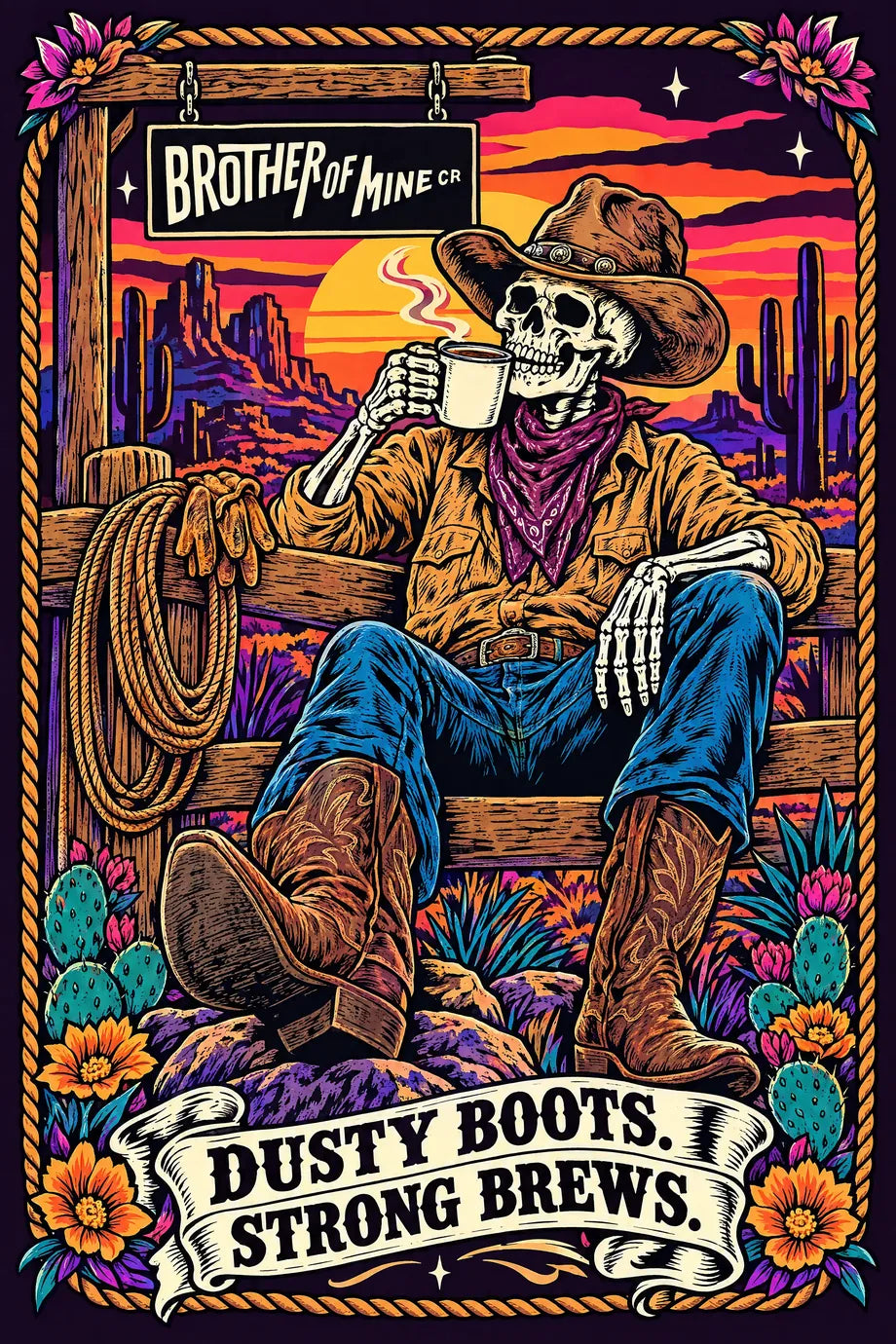 Poster: a skeleton cowboy drinking coffee on a fence at sunset. Dusty boots, strong brews.