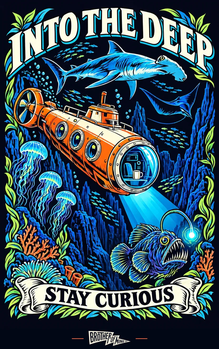Poster: an orange submarine brewing coffee among sharks and jellyfish. Into the deep, stay curious.