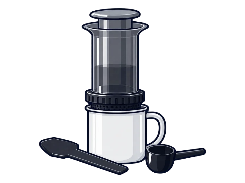 Illustration of the original AeroPress coffee maker standing on a camp mug