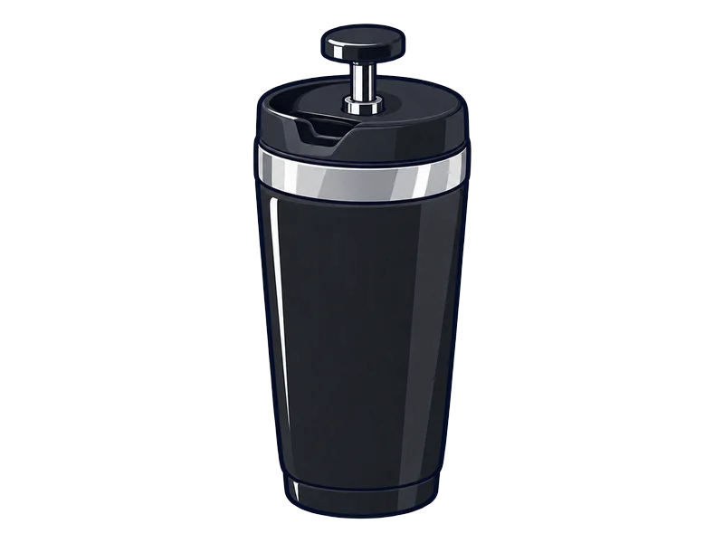 Illustration of the Espro Ultralight Travel Press, a slim black steel tumbler with a press lid