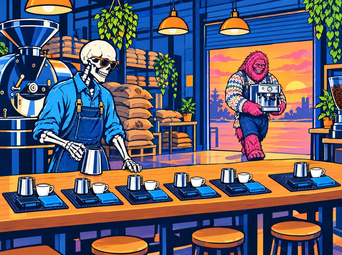 Illustration: the roastery bench set for the night with six places, each with a tamping mat, scales, a cloth, a cup and a milk jug. The skeleton barista puts down the last jug as the pink bigfoot walks in with his machine