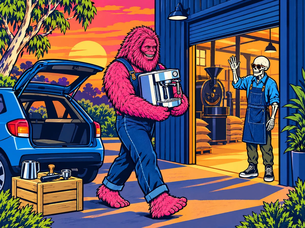 Illustration: the pink bigfoot carrying a home espresso machine from the boot of his car to the roastery's roller door at sunset, where the skeleton barista waves him in. A crate by the car holds a milk jug, a tamper and a group handle