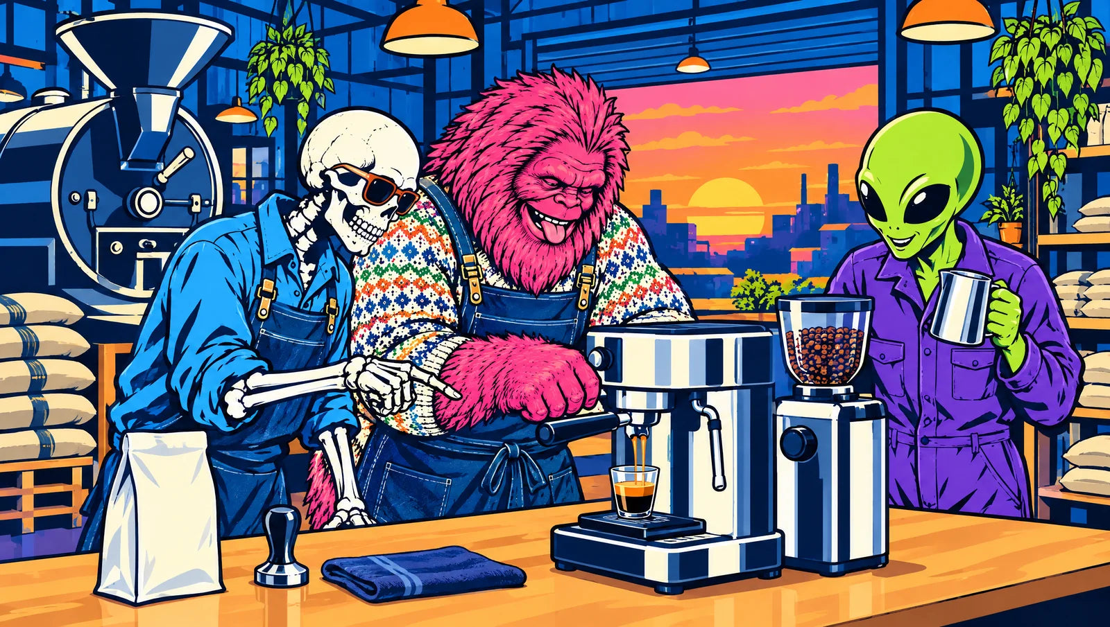 Illustration: our pink bigfoot pulling a shot on a small home espresso machine at the roastery bench, the skeleton barista coaching him and the alien holding up a milk jug, with the roaster and a sunset behind