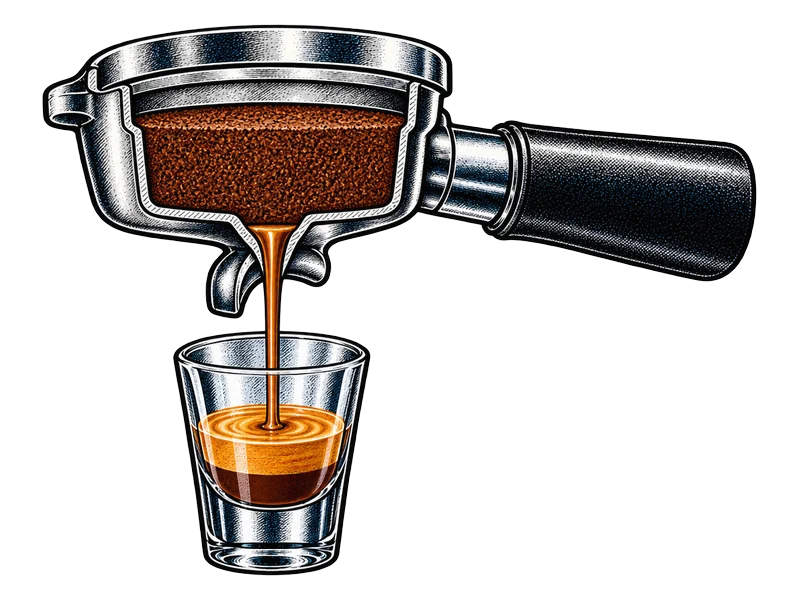 Illustration: an even bed of medium grounds in a cut-away portafilter, a steady syrupy stream into a shot with thick crema