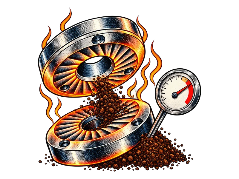 Illustration: grinder burrs glowing hot, with a thermometer in the grounds reading in the red