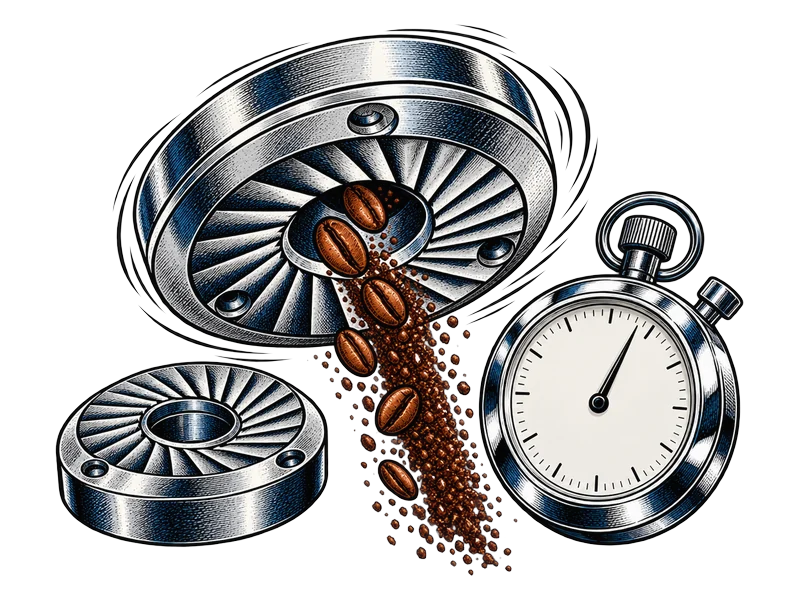 Illustration: a small burr beside a big one pouring out grounds fast, with a stopwatch that has barely moved