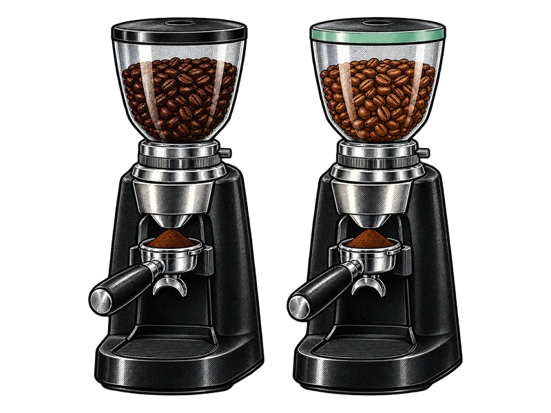 Illustration: two matching commercial grinders side by side, one with the house blend and one with decaf