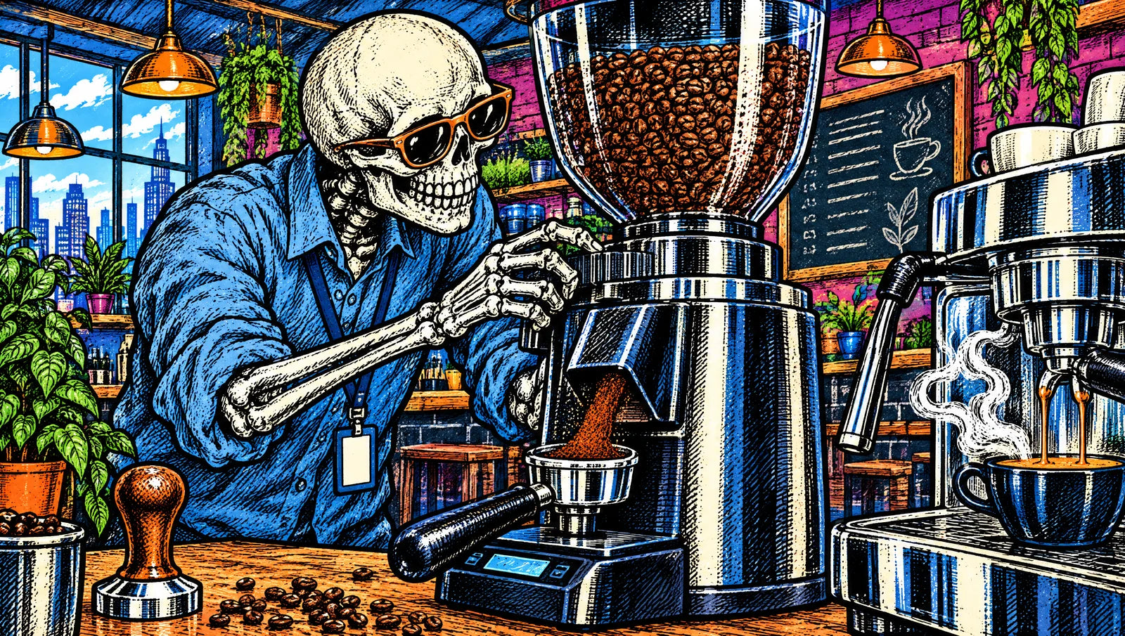 Illustration: our skeleton barista dialling in a commercial grinder, the portafilter on a scale under the chute