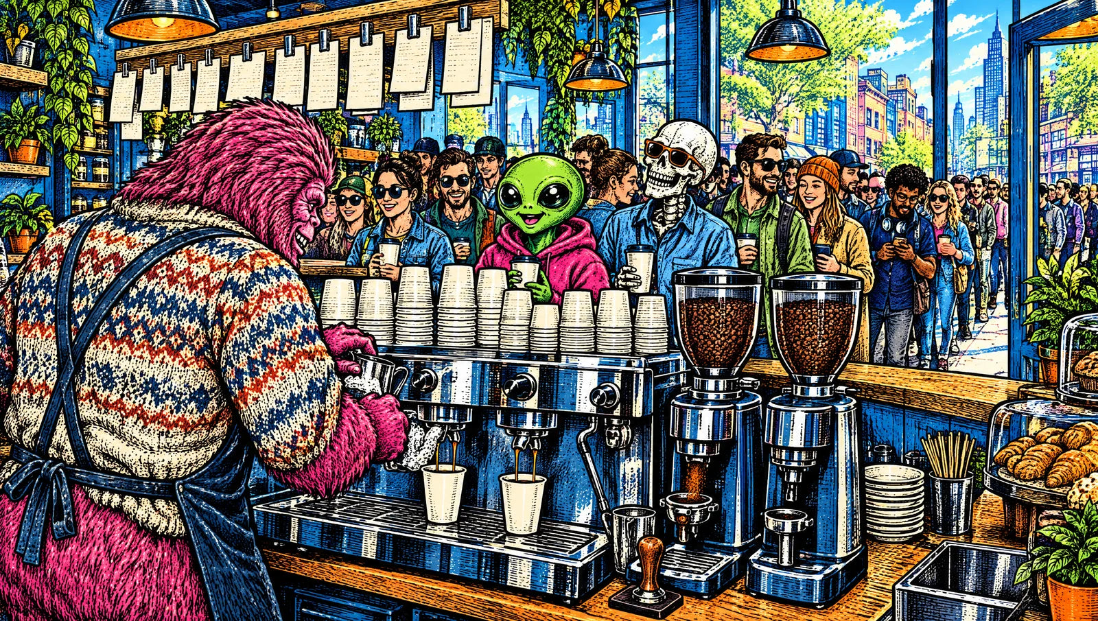 Illustration: a bigfoot barista pulling shots between two grinders at peak hour, with a queue out the door