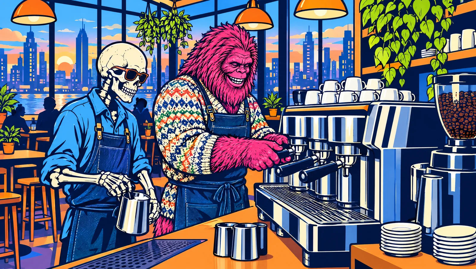 Illustration: our bigfoot barista pulling shots on a three group espresso machine while the skeleton barista steams milk beside him in the morning rush