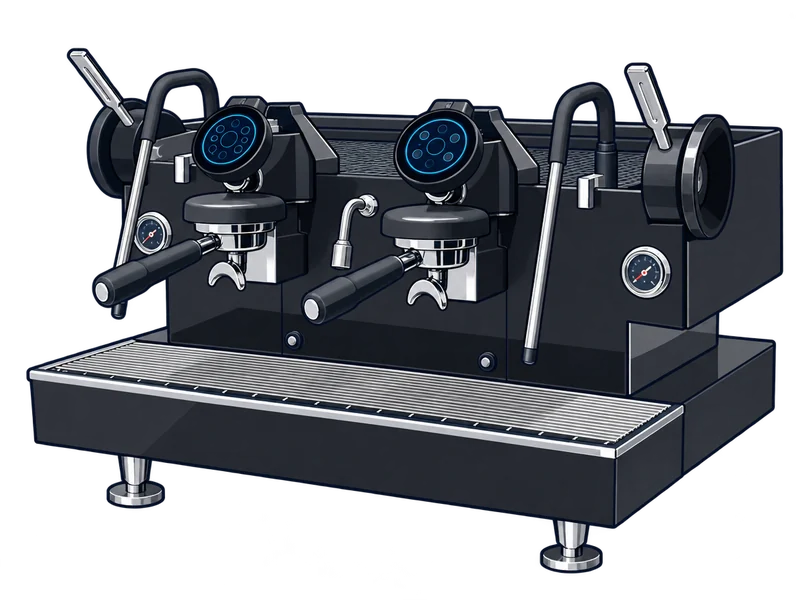 Illustration of the XLVI Steamhammer X two group espresso machine in black