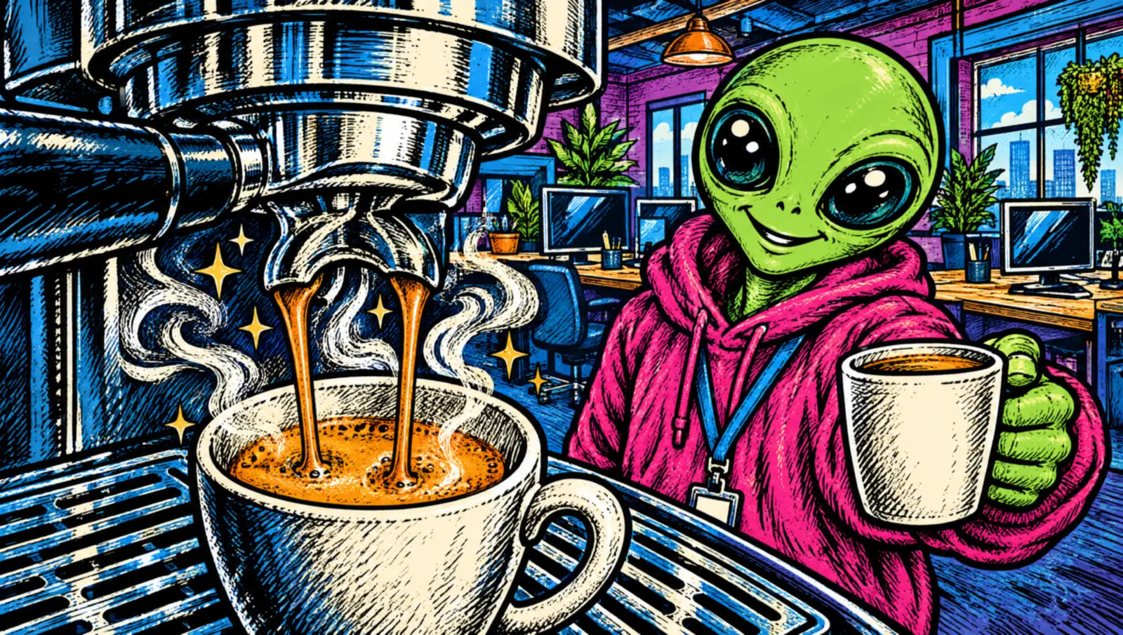 Illustration: espresso pouring from the office machine, an alien in a pink hoodie waiting with a mug