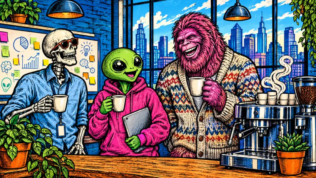 Illustration: a skeleton, an alien and a bigfoot sharing a laugh and a coffee at the office kitchen bench