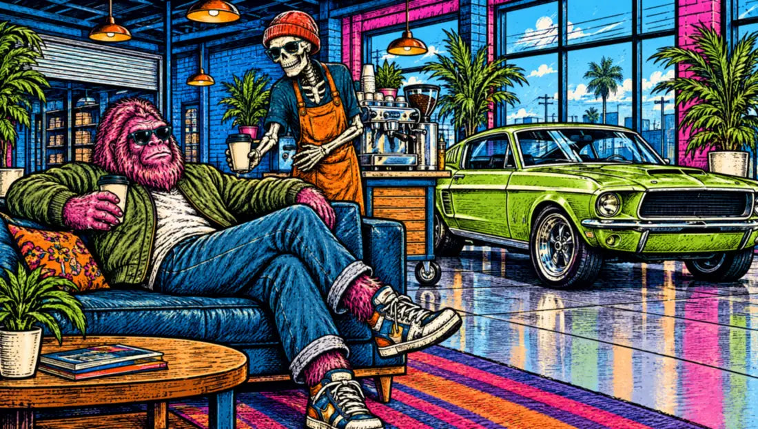 Illustration: a bigfoot customer kicking back with a coffee in a car showroom while a skeleton barista brings another