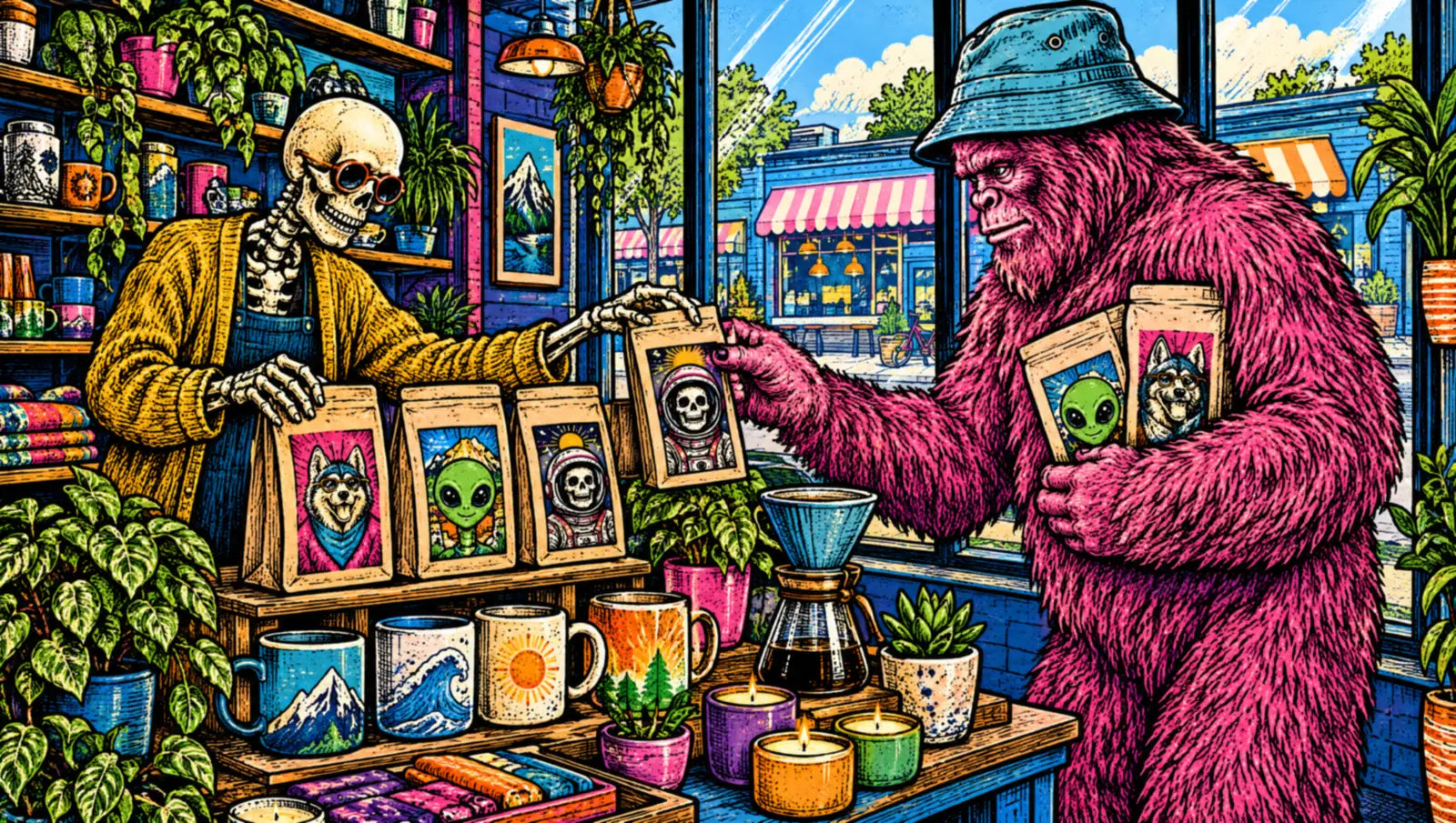 Illustration: a skeleton shop owner setting out coffee next to the mugs and candles while a bigfoot customer grabs a third bag
