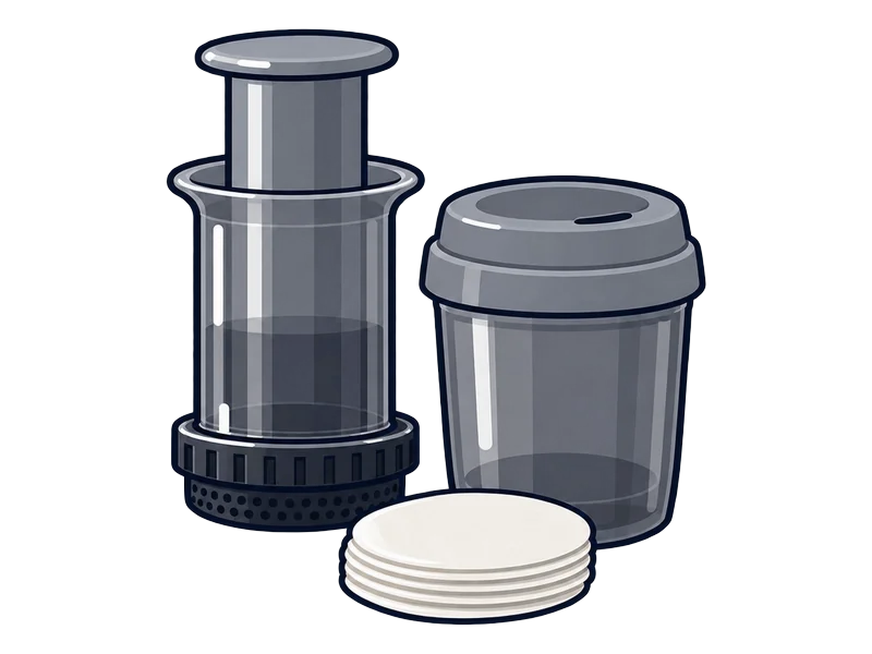 Illustration of the AeroPress Go beside its travel mug
