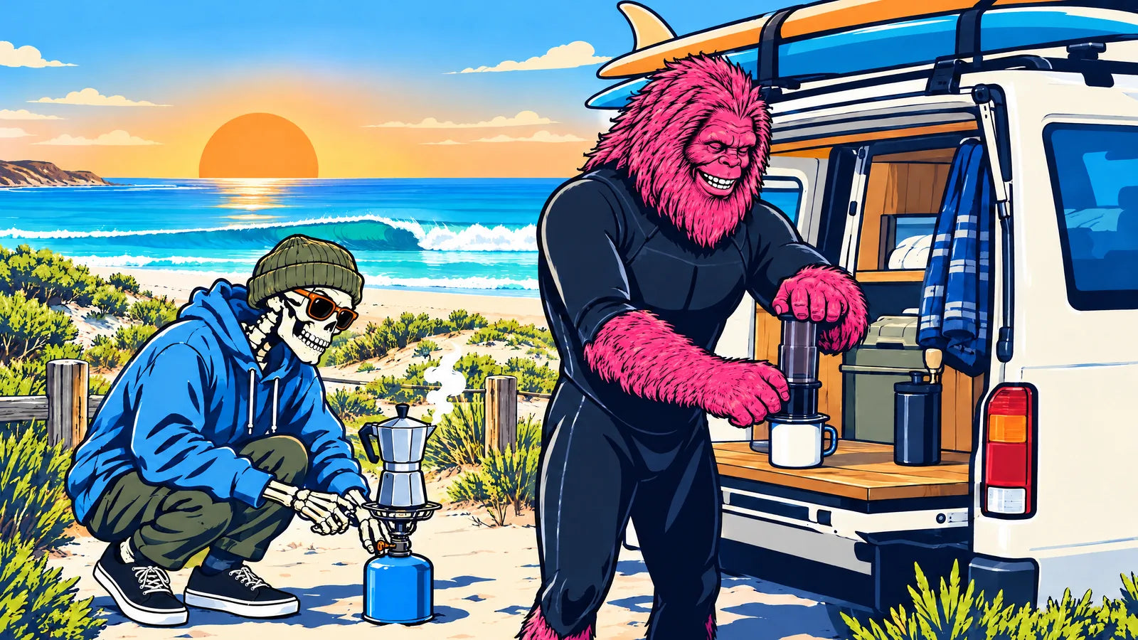 Illustration: our bigfoot in a wetsuit pressing an AeroPress on the back of a camper van at the beach, while the skeleton brews a moka pot on a camp stove